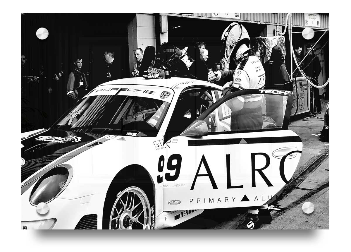 Acrylic print of Arton Senna preparing for a race, showcasing vibrant colors and details.