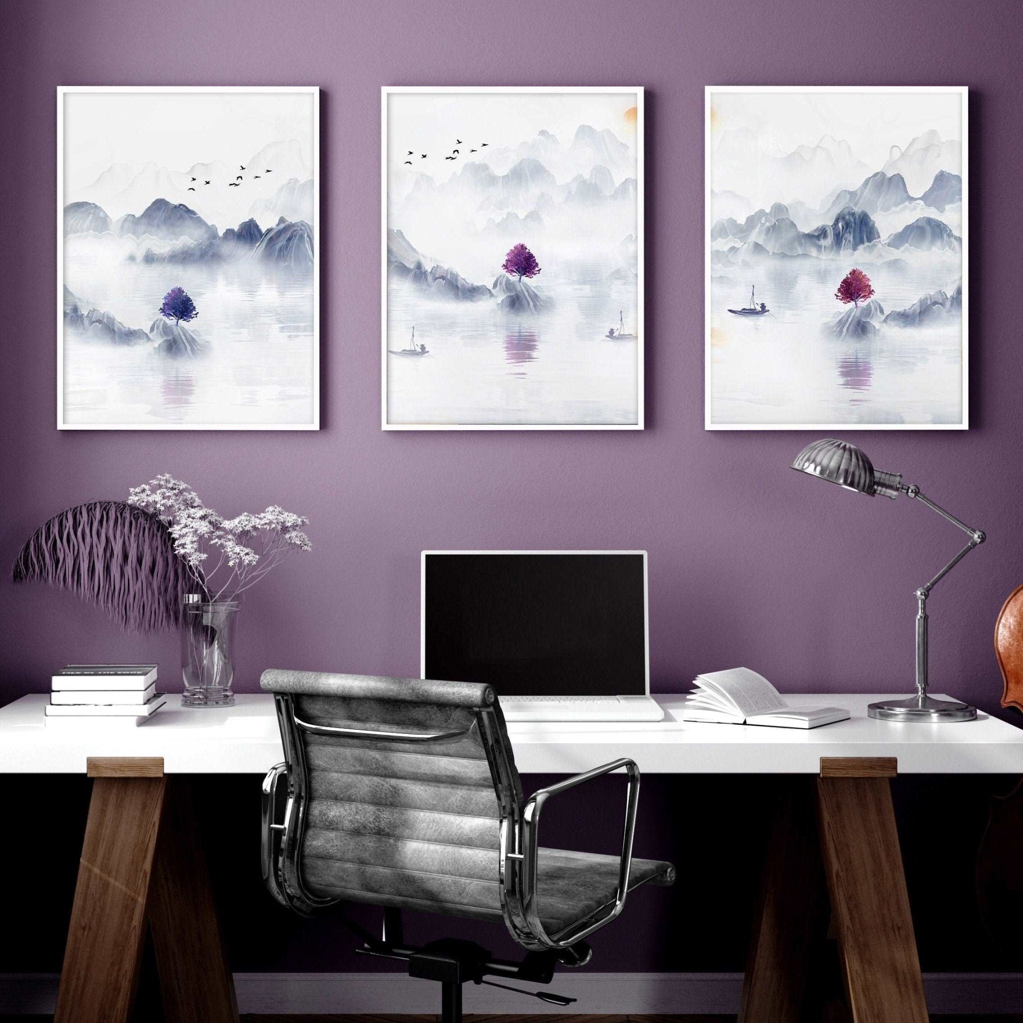 Set of 3 framed wall art prints featuring serene Japanese landscapes in grey, light blue, and purple tones, perfect for office decor.