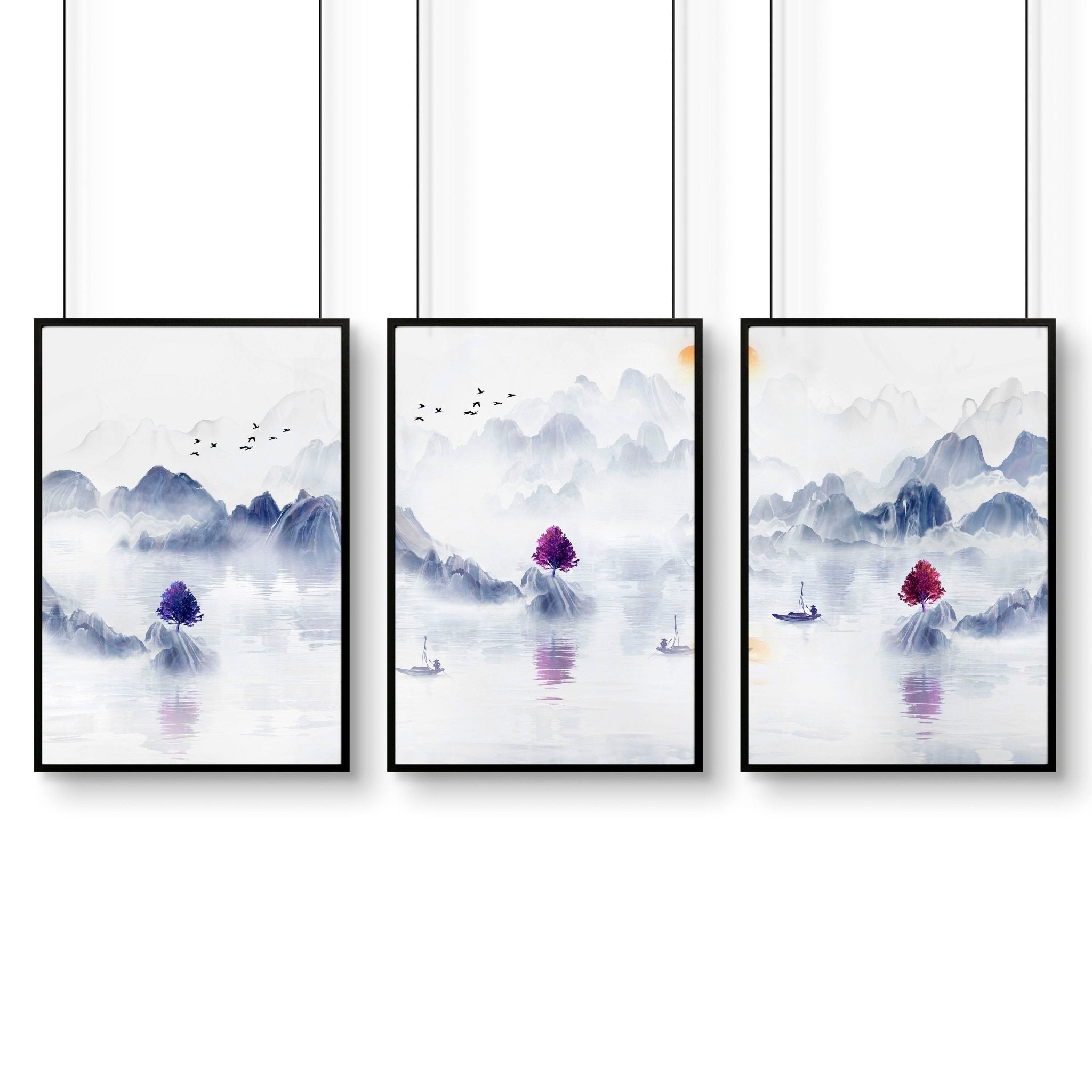 Set of 3 framed wall art prints featuring serene Japanese landscapes in grey, light blue, and purple tones, perfect for office decor.