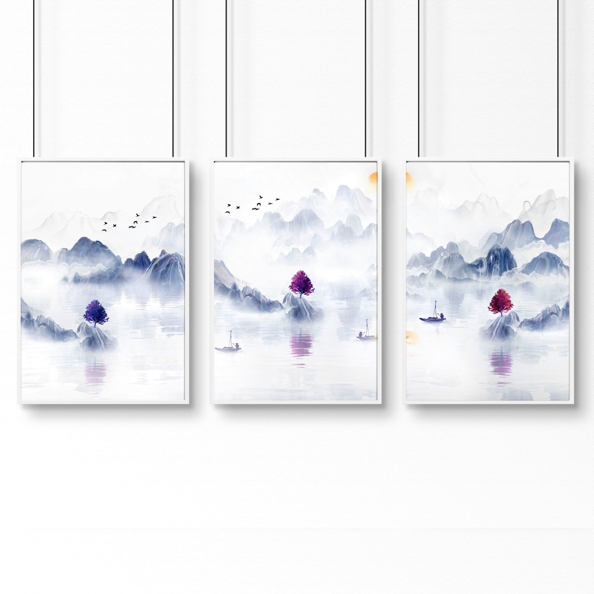 Set of 3 framed wall art prints featuring serene Japanese landscapes in grey, light blue, and purple tones, perfect for office decor.