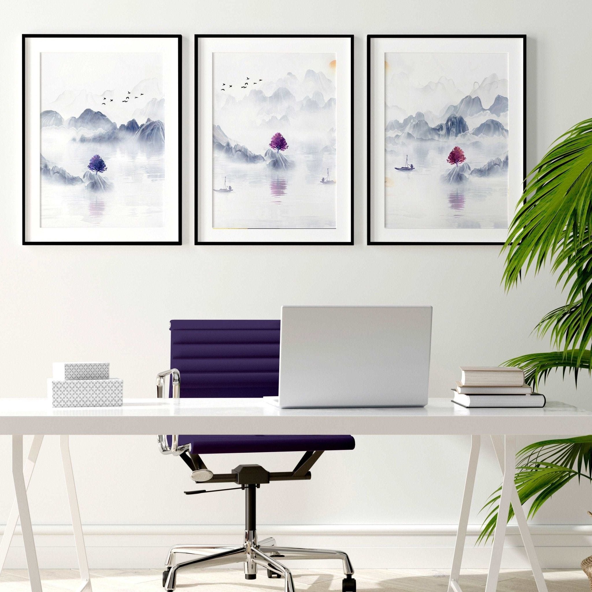 Set of 3 framed wall art prints featuring serene Japanese landscapes in grey, light blue, and purple tones, perfect for office decor.