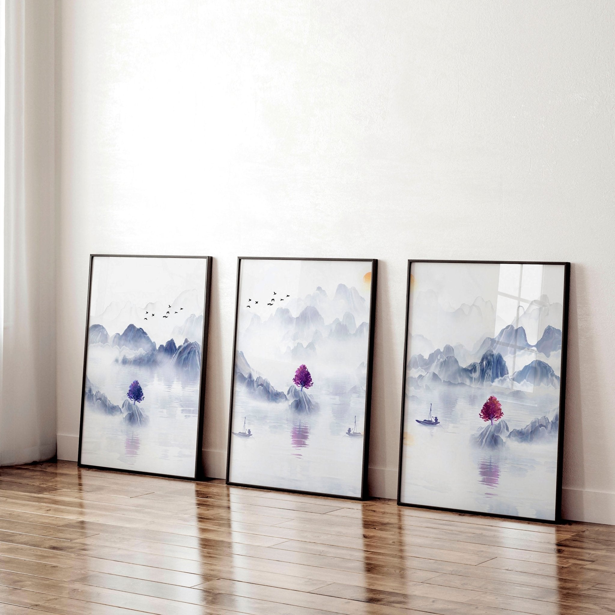 Set of 3 framed wall art prints featuring serene Japanese landscapes in grey, light blue, and purple tones, perfect for office decor.