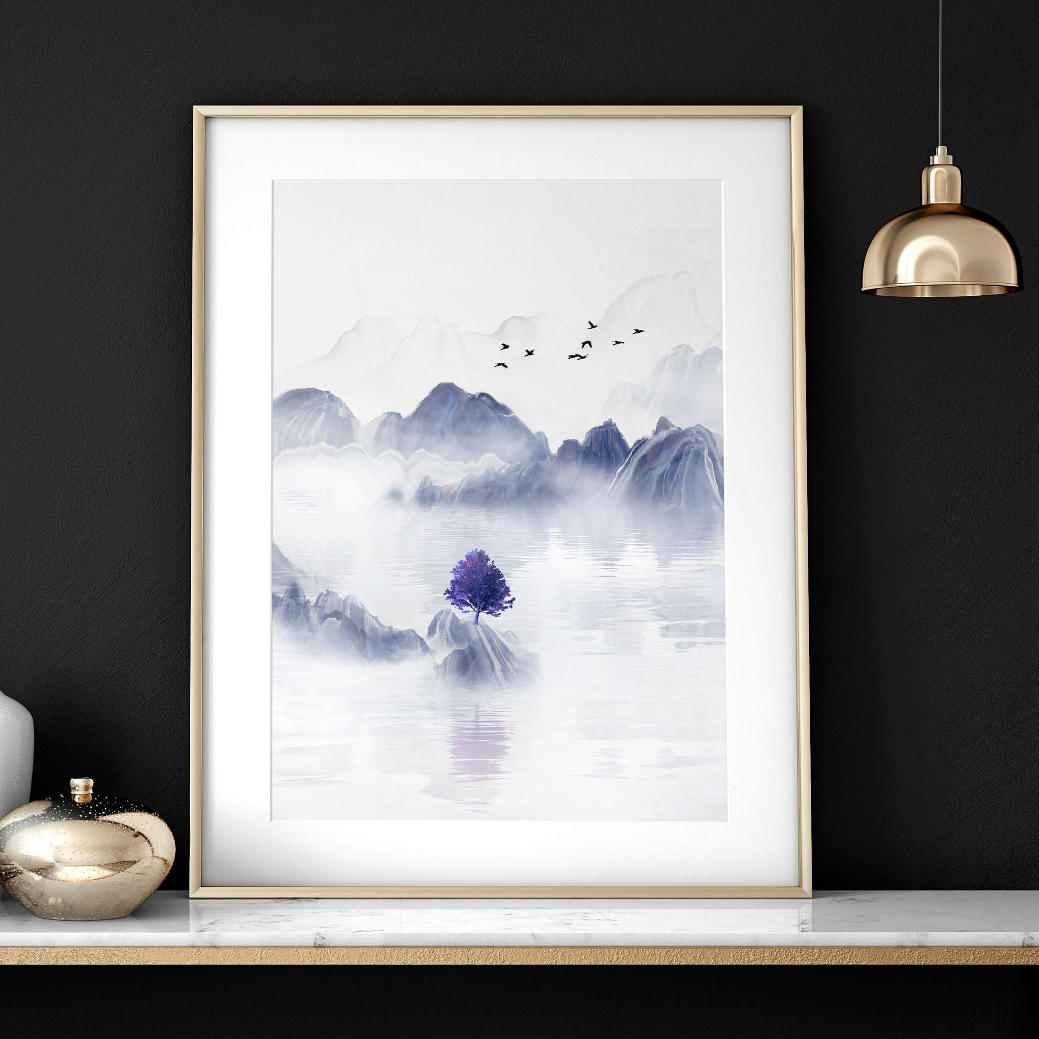 Set of 3 framed wall art prints featuring serene Japanese landscapes in grey, light blue, and purple tones, perfect for office decor.