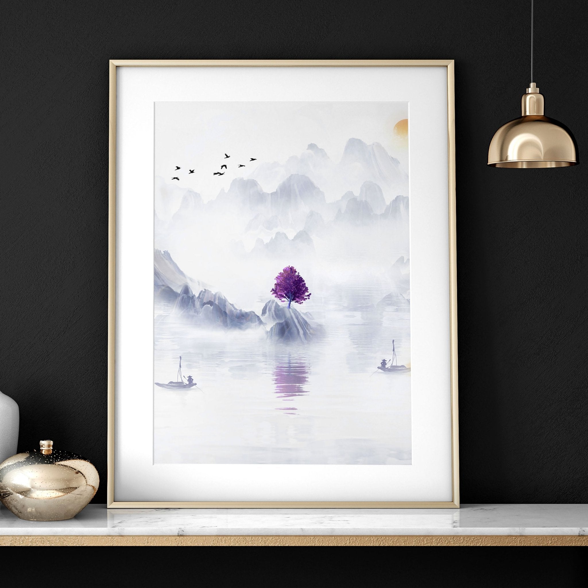 Set of 3 framed wall art prints featuring serene Japanese landscapes in grey, light blue, and purple tones, perfect for office decor.