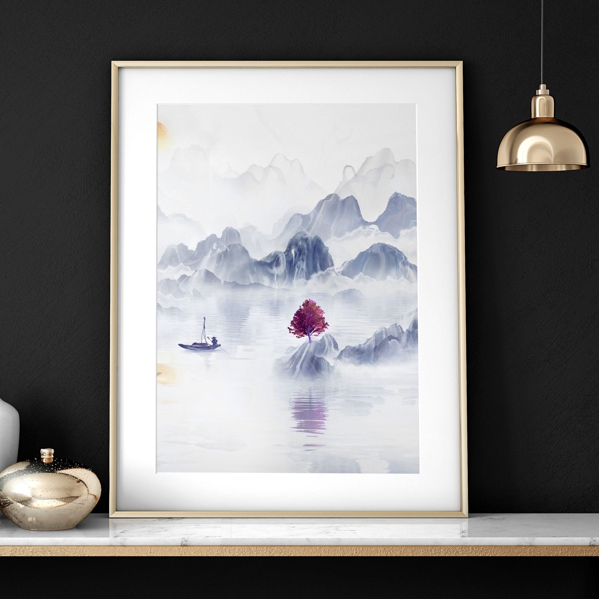 Set of 3 framed wall art prints featuring serene Japanese landscapes in grey, light blue, and purple tones, perfect for office decor.