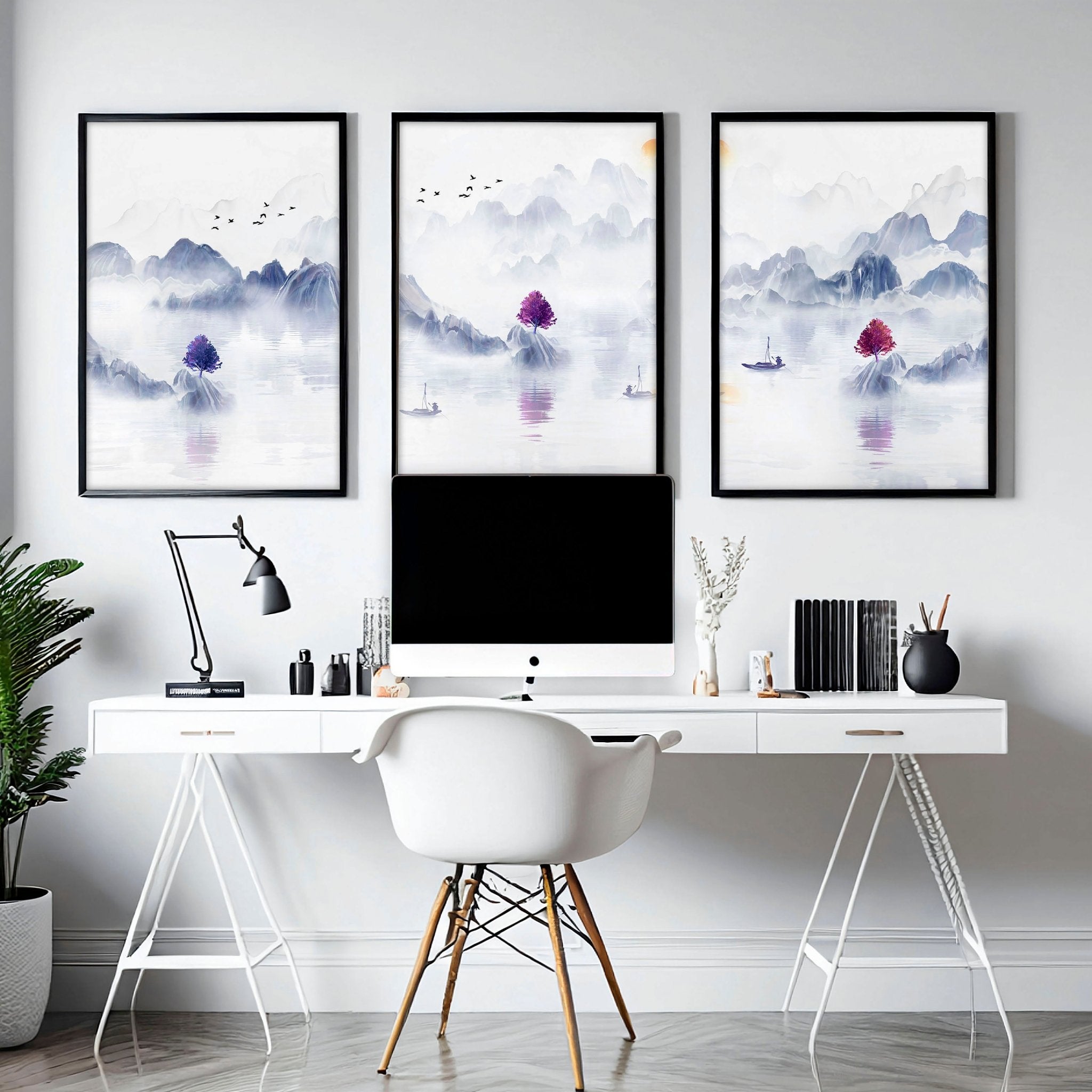 Set of 3 framed wall art prints featuring serene Japanese landscapes in grey, light blue, and purple tones, perfect for office decor.