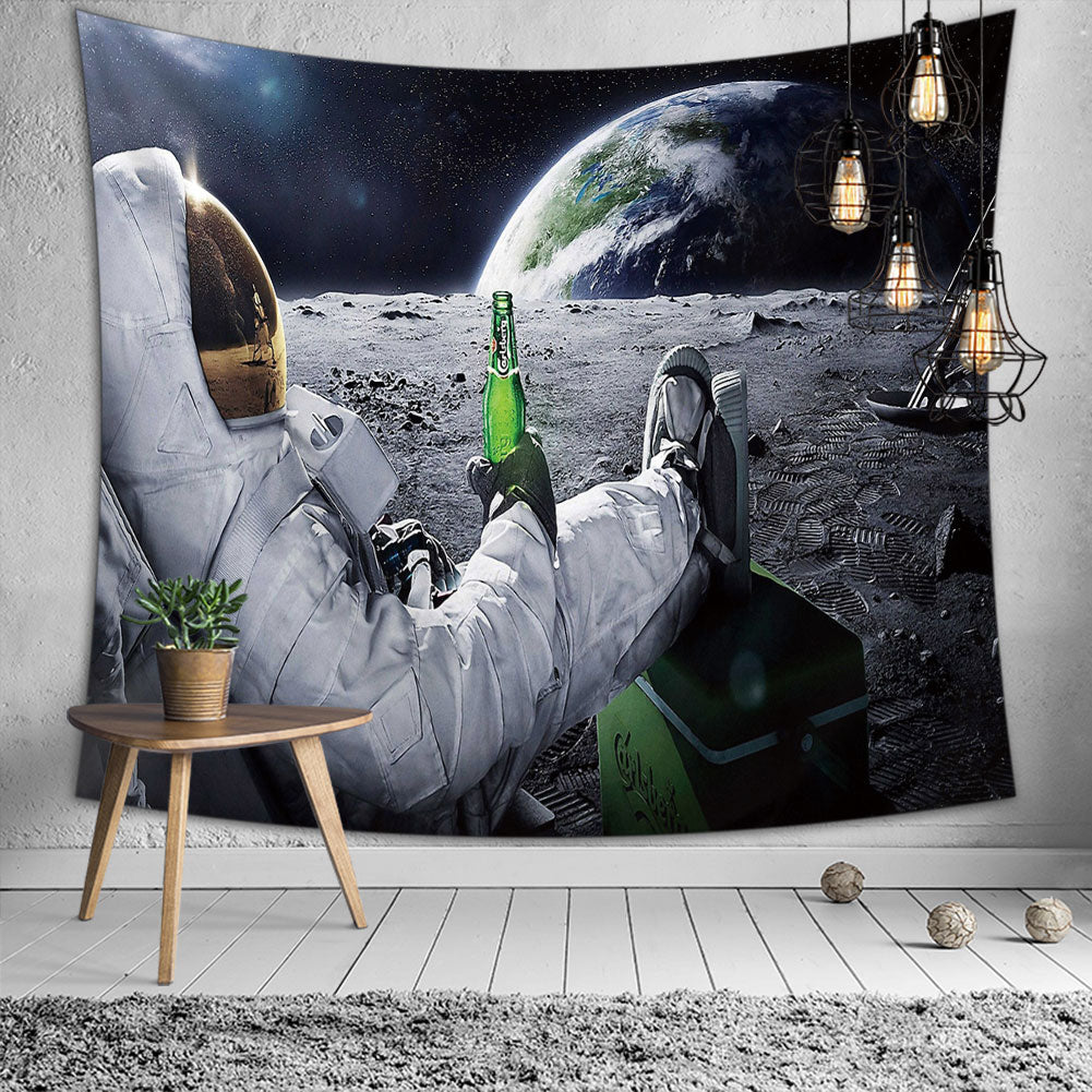 A vibrant Astronaut Tapestry featuring a moon aesthetic, made of soft polyester fabric, showcasing a stunning cosmic design.