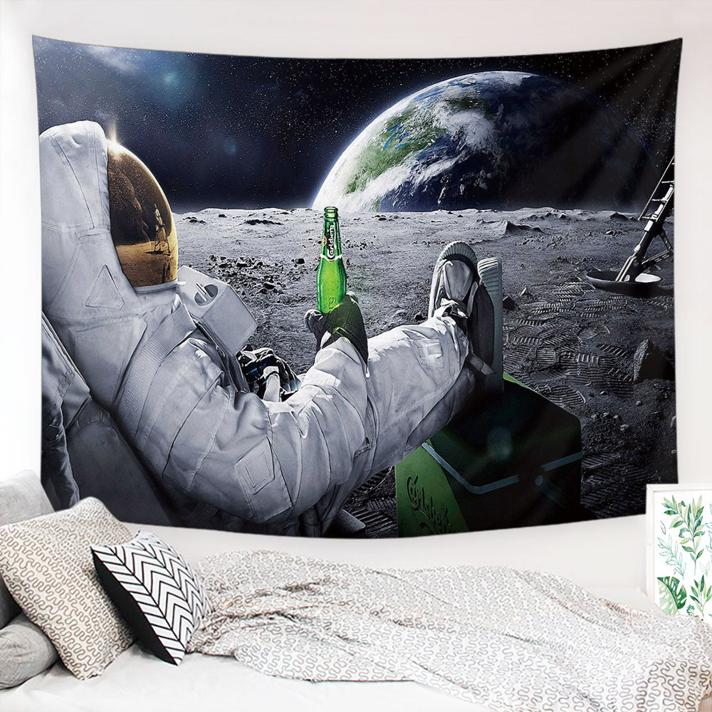 A vibrant Astronaut Tapestry featuring a moon aesthetic, made of soft polyester fabric, showcasing a stunning cosmic design.