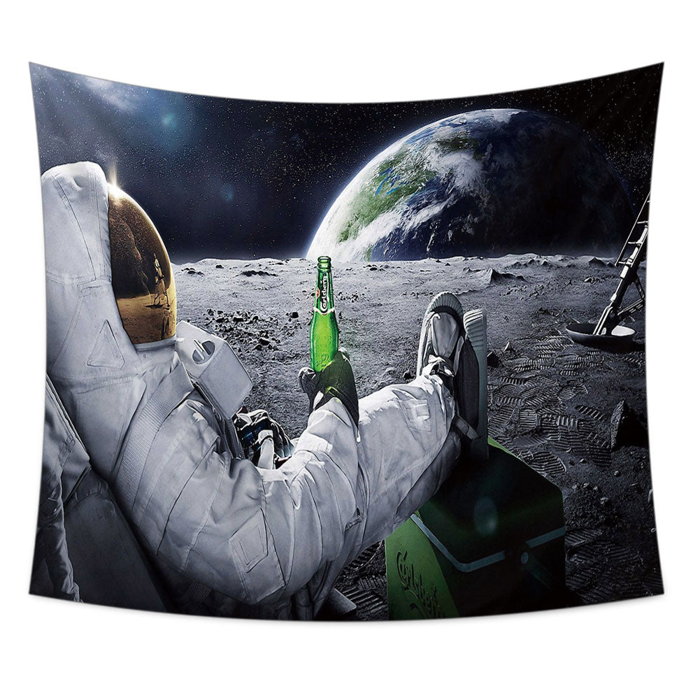 A vibrant Astronaut Tapestry featuring a moon aesthetic, made of soft polyester fabric, showcasing a stunning cosmic design.