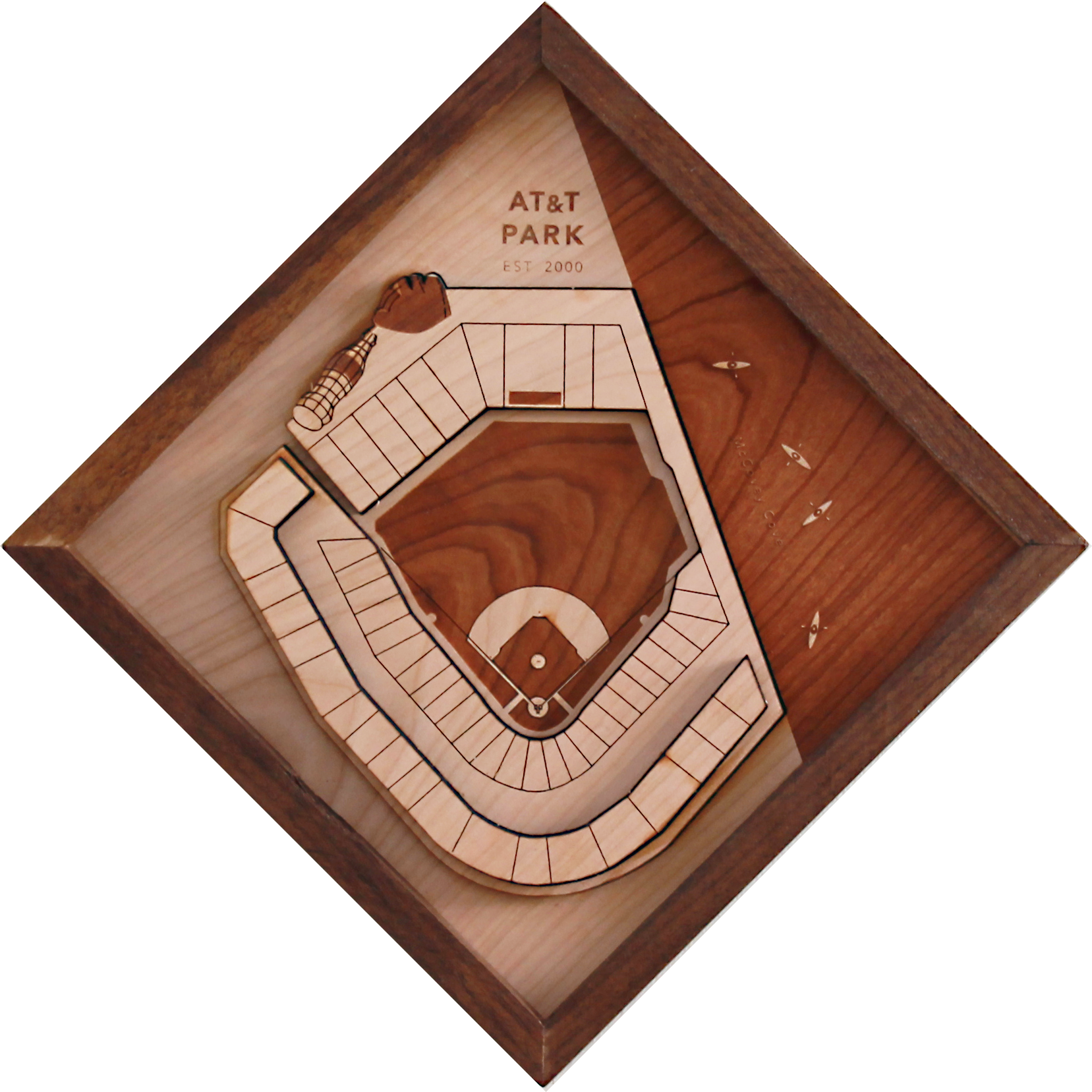 A beautifully crafted AT&T Park replica made from premium hardwoods, featuring intricate details like the Coke Bottle slides and oversized mitt.