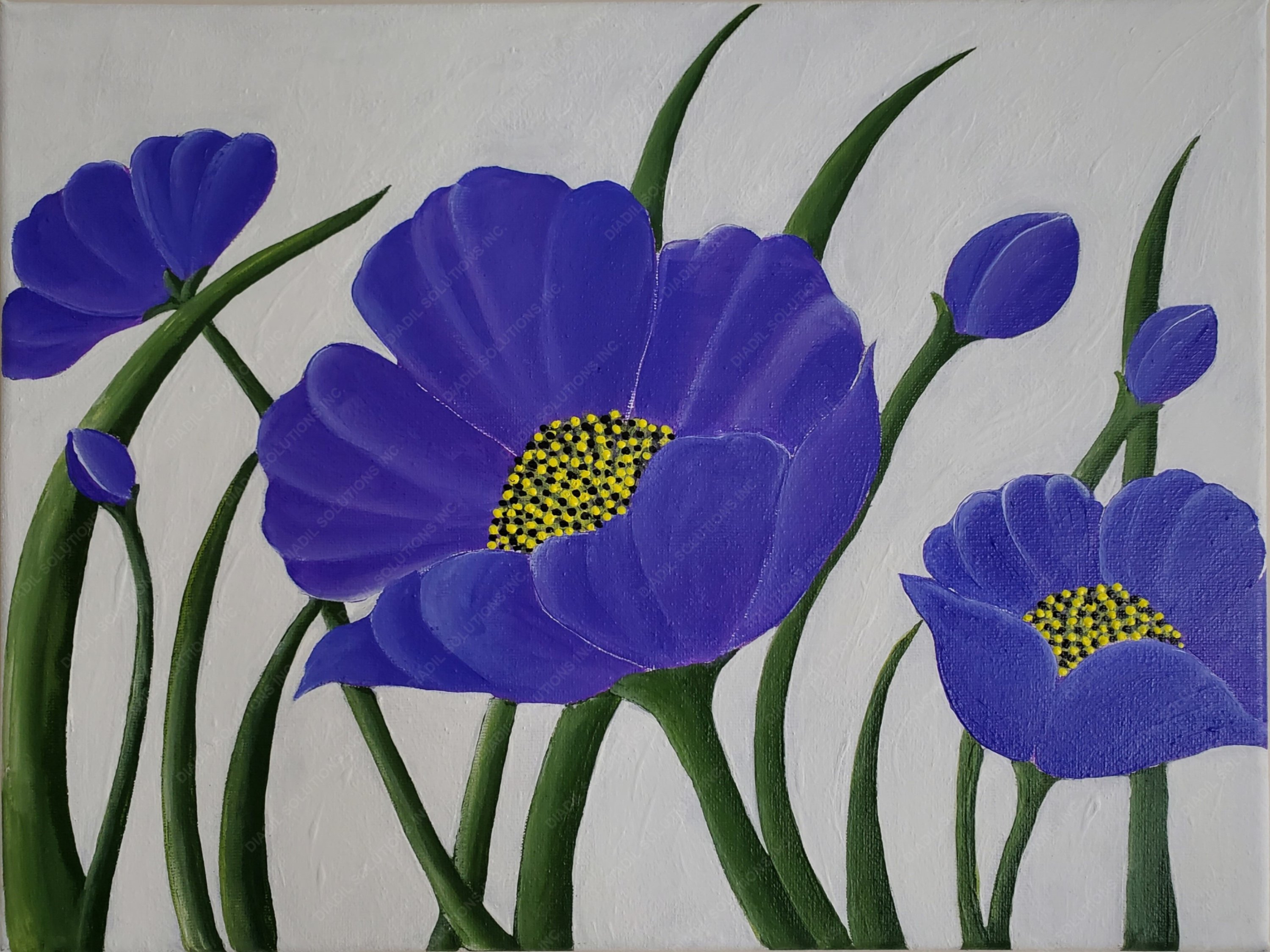A vibrant violet flower with yellow pollen grains on a canvas frame, showcasing intricate details and colors.