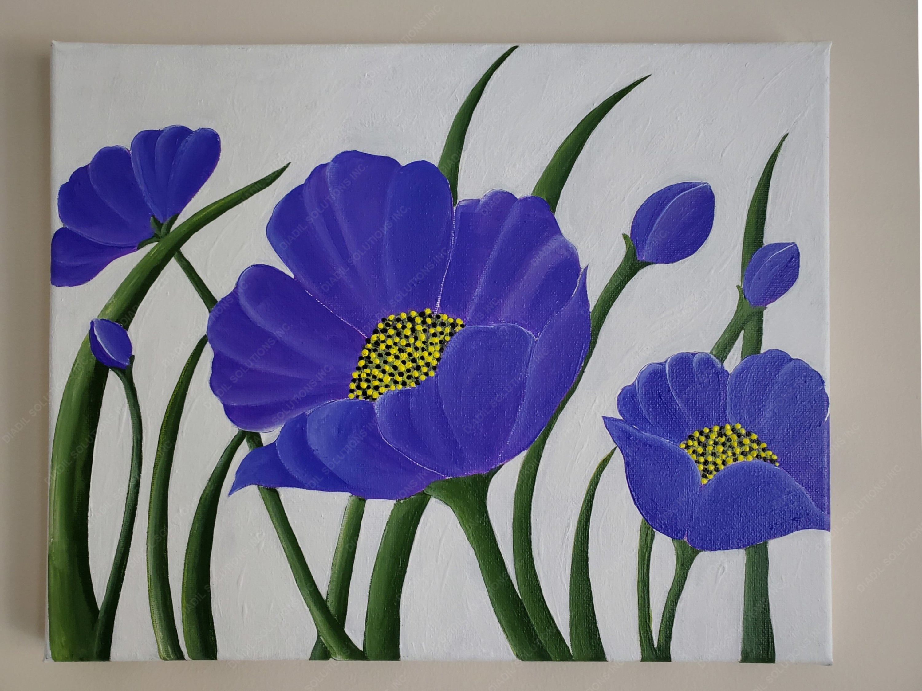 A vibrant violet flower with yellow pollen grains on a canvas frame, showcasing intricate details and colors.