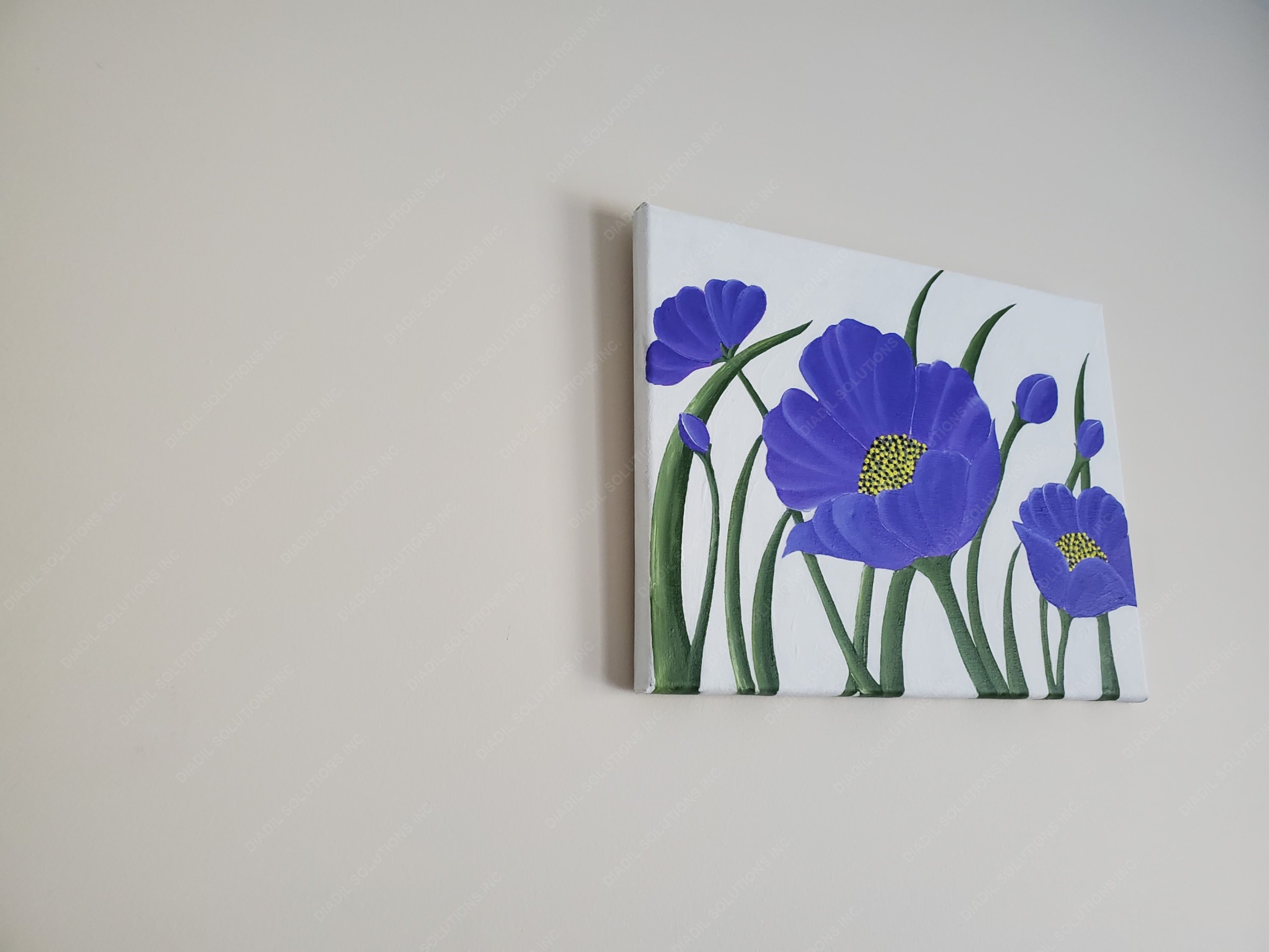 A vibrant violet flower with yellow pollen grains on a canvas frame, showcasing intricate details and colors.