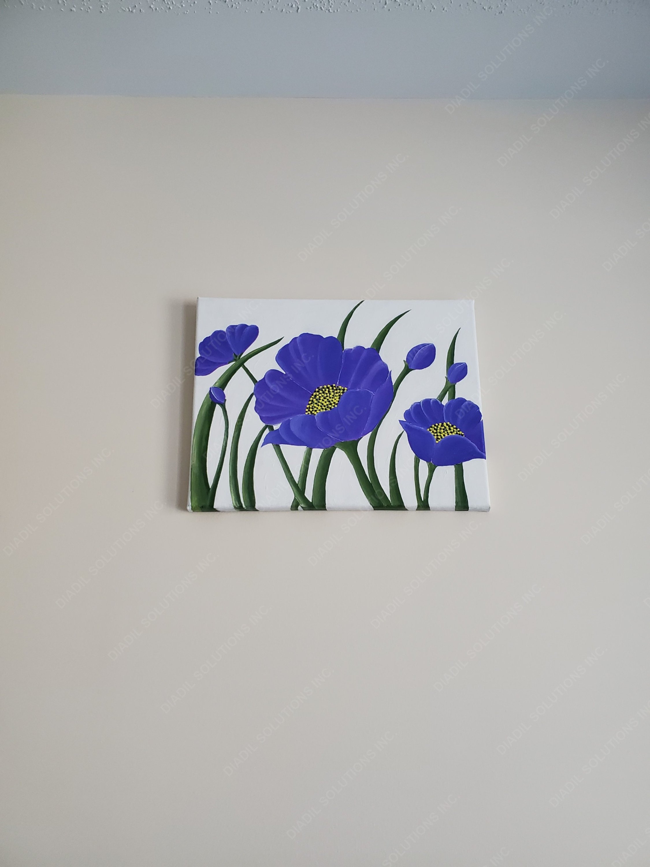 A vibrant violet flower with yellow pollen grains on a canvas frame, showcasing intricate details and colors.