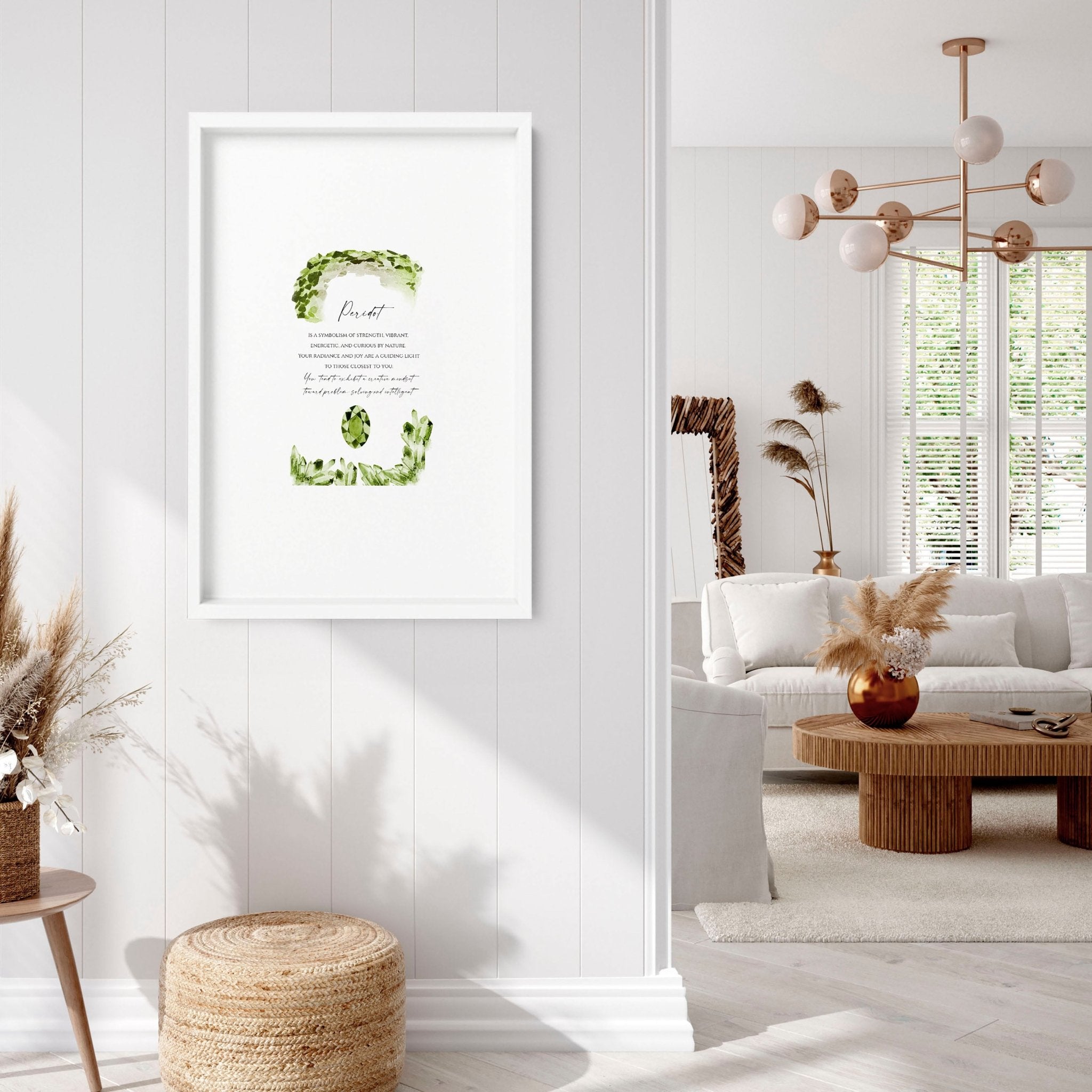 August Peridot birthstone wall art print featuring vibrant green hues and intricate design, perfect for home decor.