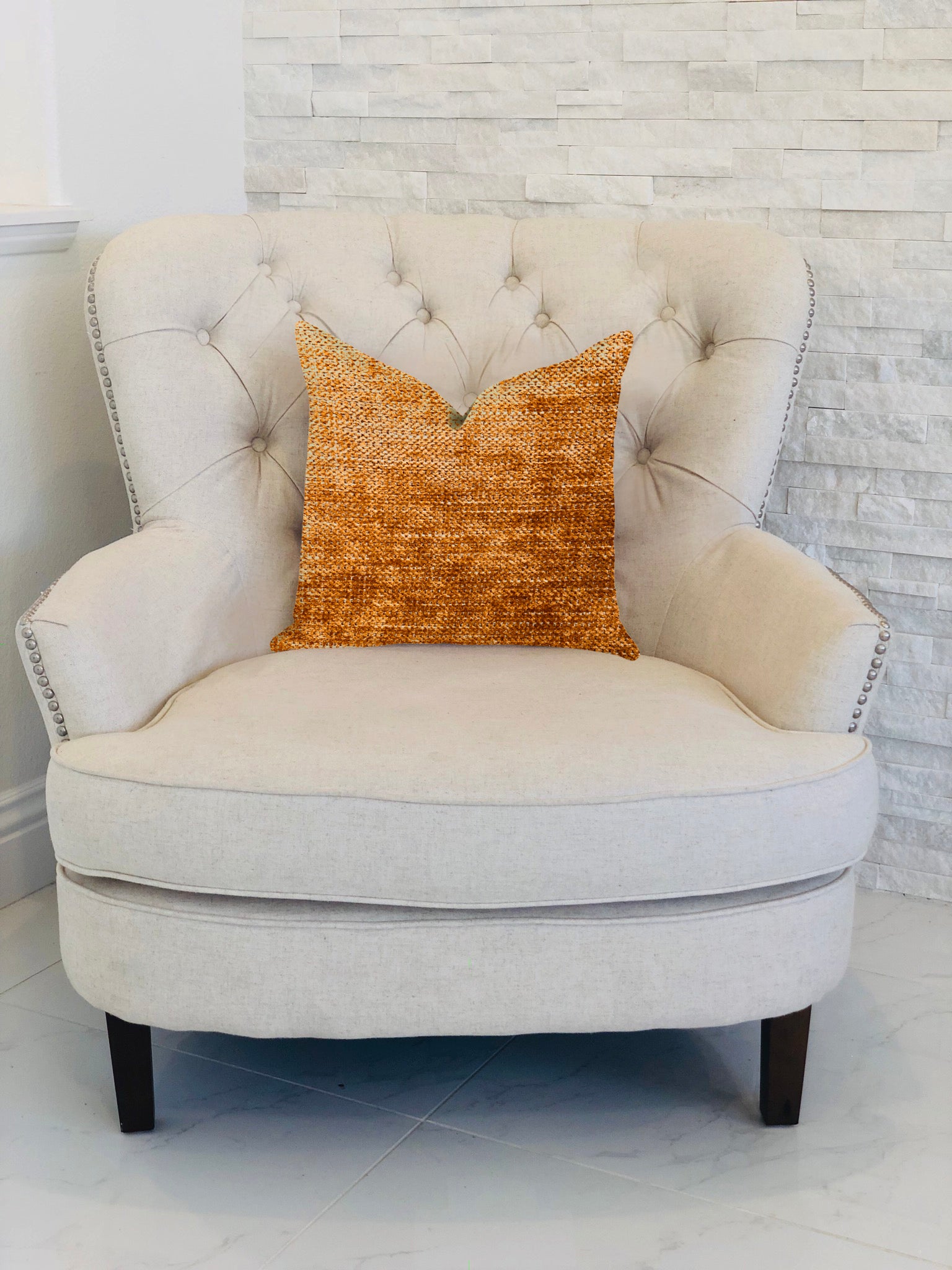 Aureila Brown Bronze Luxury Throw Pillow featuring a rich brown color with bronze accents, handmade in the USA with an invisible zipper closure.