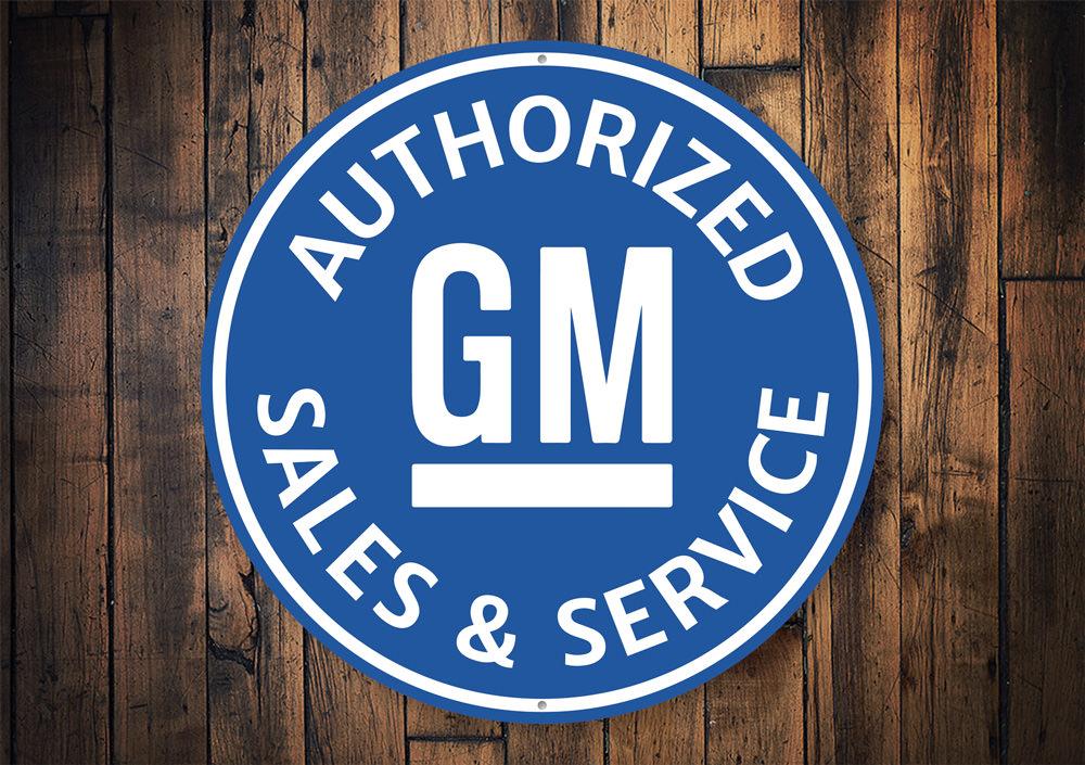 Authorized GM Sales and Service Car Sign made of high-quality aluminum, featuring customizable text and pre-drilled holes for easy mounting.