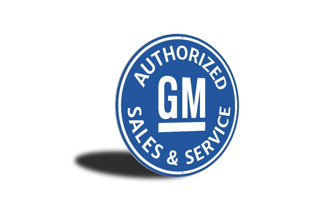 Authorized GM Sales and Service Car Sign made of high-quality aluminum, featuring customizable text and pre-drilled holes for easy mounting.