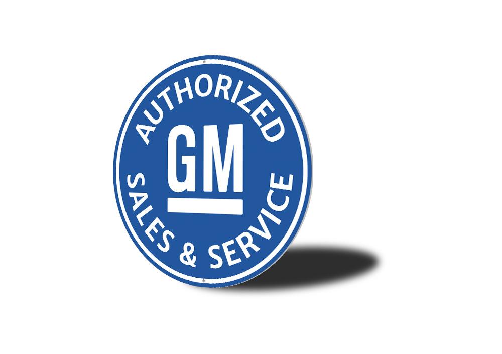 Authorized GM Sales and Service Car Sign made of high-quality aluminum, featuring customizable text and pre-drilled holes for easy mounting.