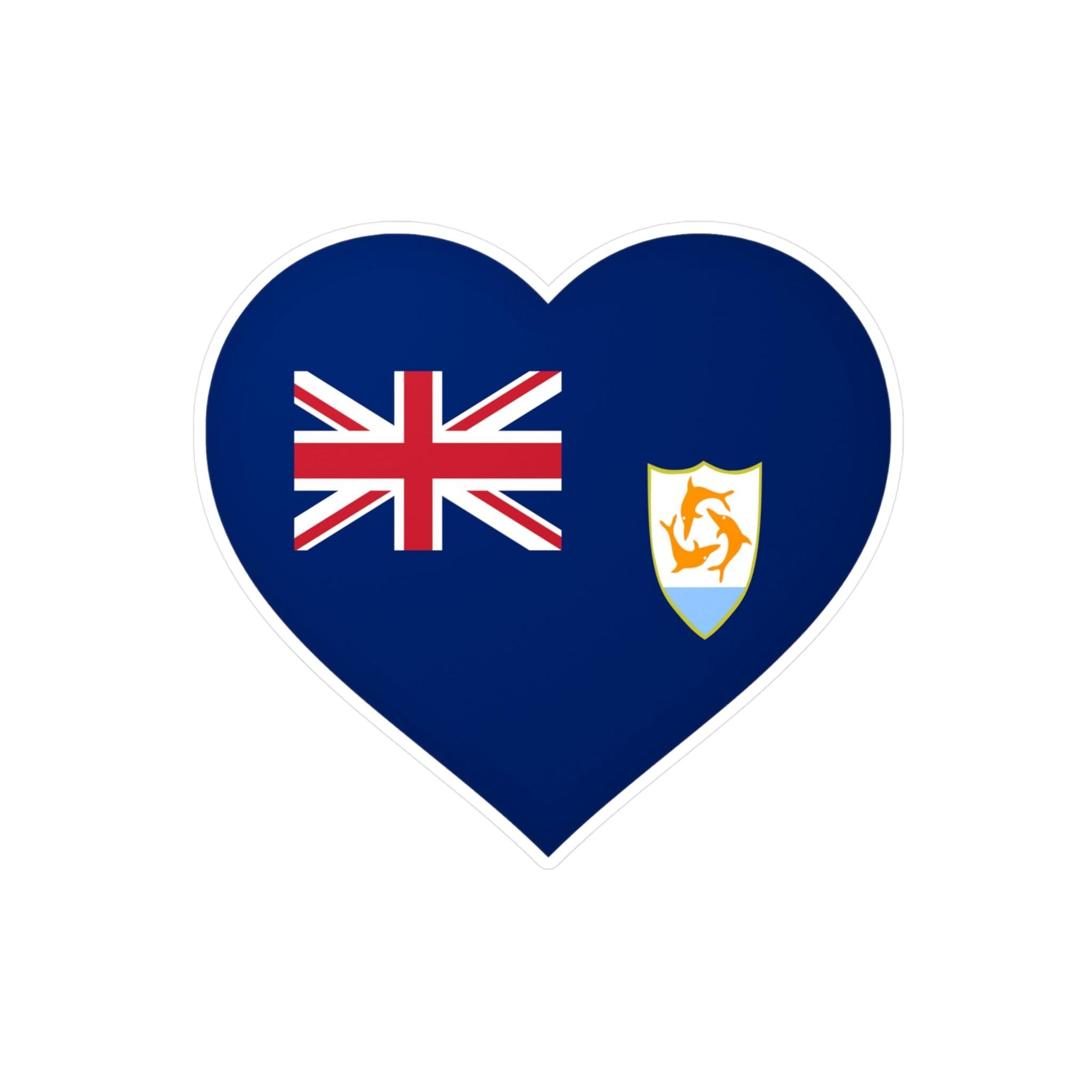 Autocollant en forme de coeur représentant le Drapeau d'Anguilla, fabriqué en PVC durable, disponible en plusieurs tailles.
