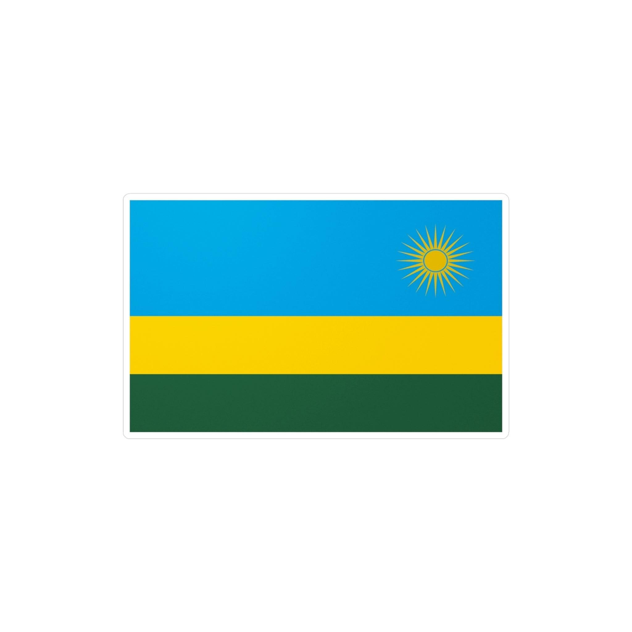 Autocollant Drapeau du Rwanda en PVC, disponible en plusieurs tailles, idéal pour diverses applications.