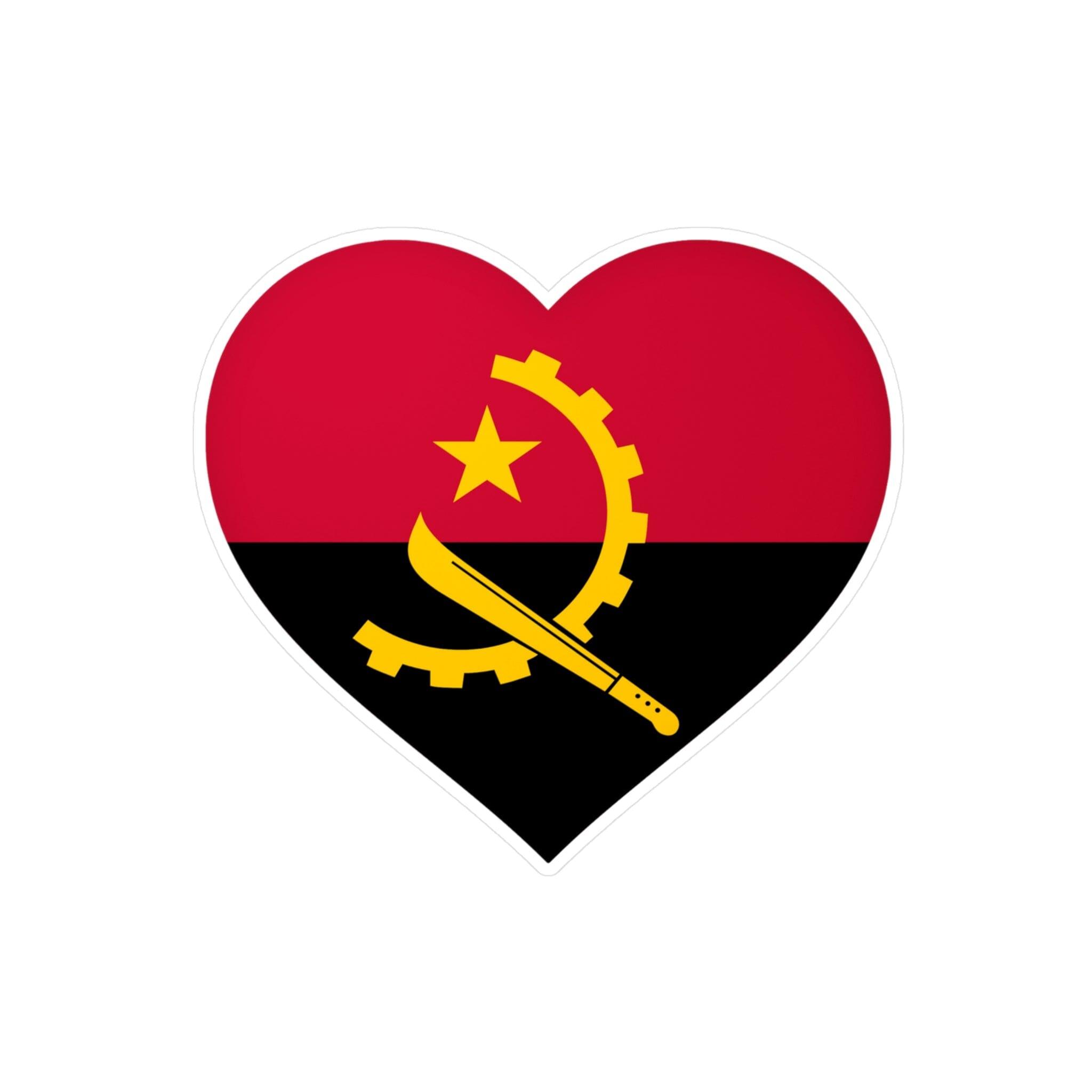 Autocollant en coeur représentant le Drapeau de l'Angola, fabriqué en PVC durable, disponible en plusieurs tailles.