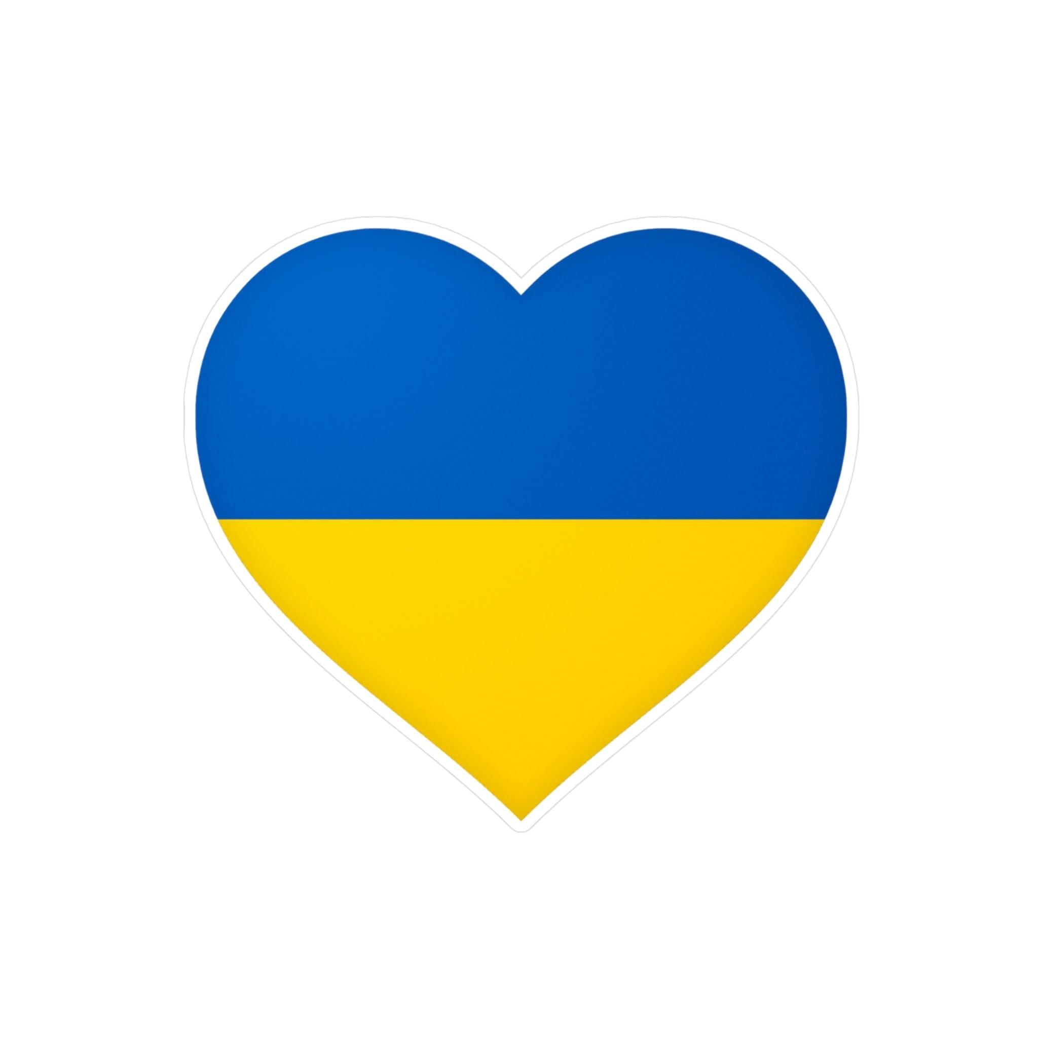 Autocollant en coeur représentant le Drapeau de l'Ukraine, fabriqué en PVC durable, disponible en plusieurs tailles.