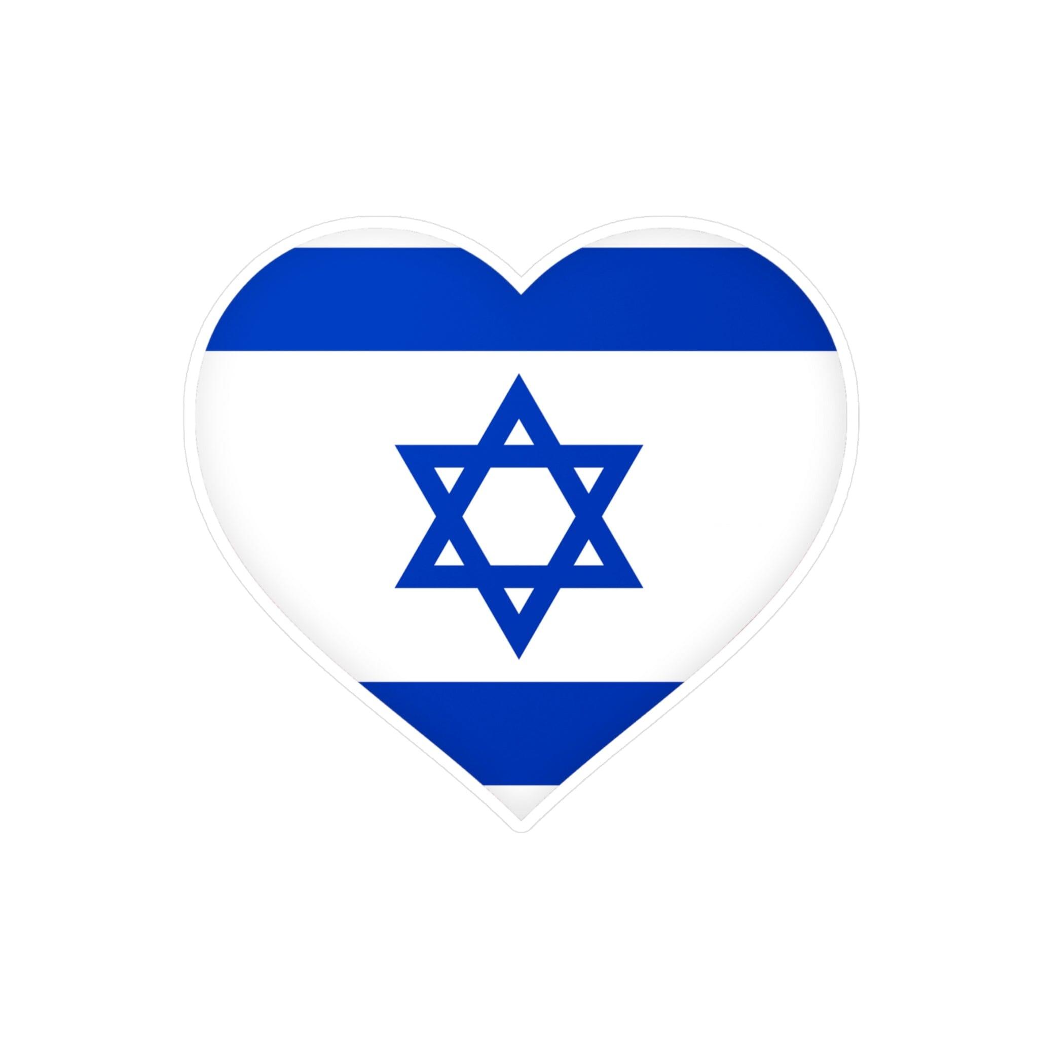 Autocollant en coeur représentant le Drapeau d'Israël, fabriqué en PVC durable, disponible en plusieurs tailles.