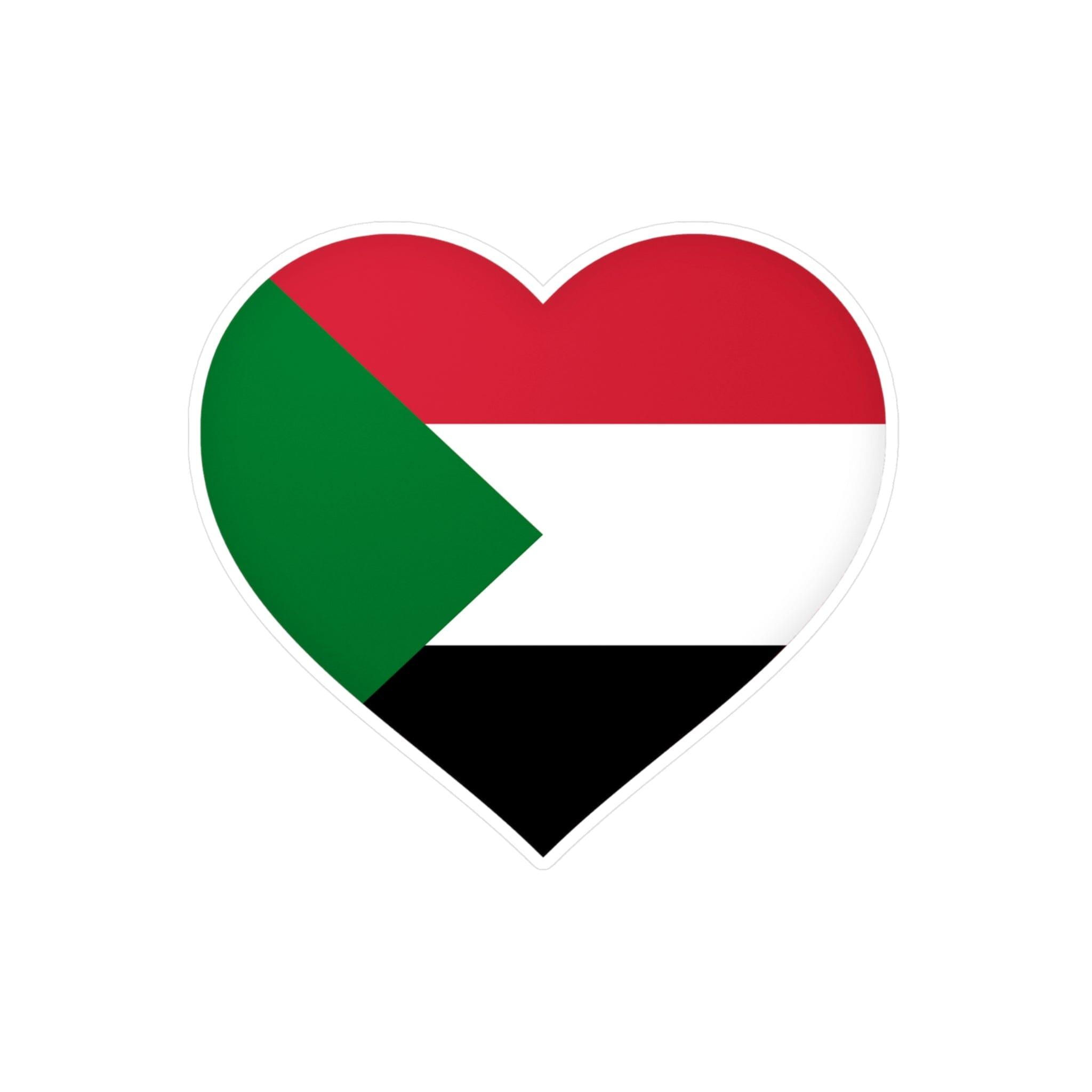 Autocollant en coeur représentant le Drapeau du Soudan, fabriqué en PVC durable, disponible en plusieurs tailles.