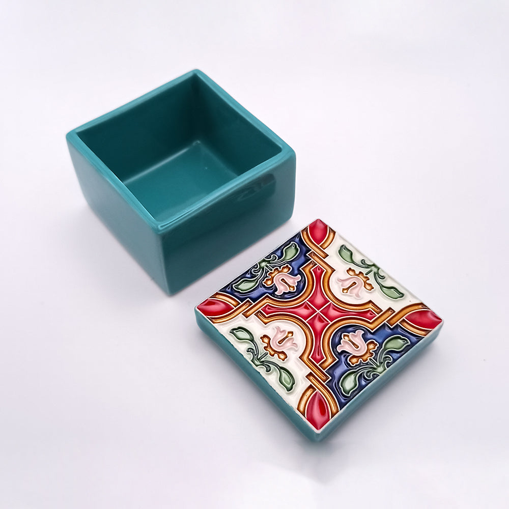 A beautifully handcrafted Aveiro Ceramic Box featuring intricate designs and a glossy finish, perfect for home decor.