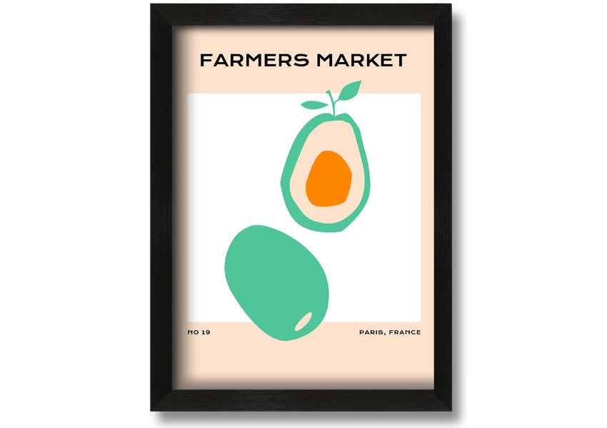 Framed print of avocados at a farmers market, showcasing vibrant colors and fresh produce, ready to hang.