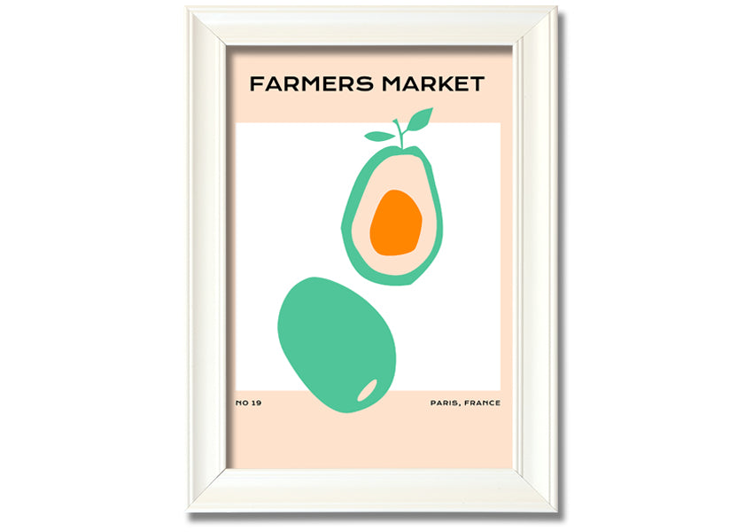 Framed print of avocados at a farmers market, showcasing vibrant colors and fresh produce, ready to hang.
