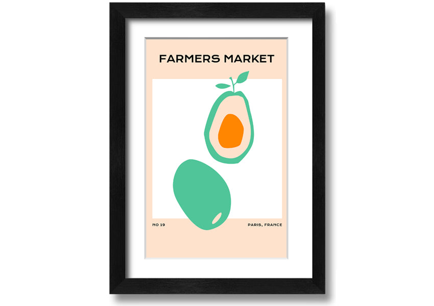 Framed print of avocados at a farmers market, showcasing vibrant colors and fresh produce, ready to hang.