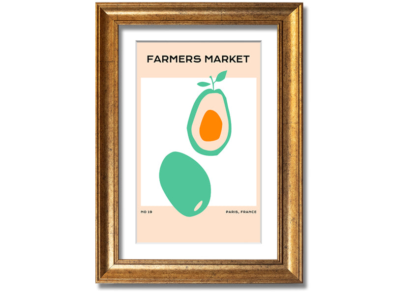 Framed print of avocados at a farmers market, showcasing vibrant colors and fresh produce, ready to hang.