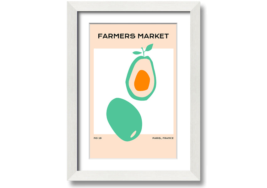 Framed print of avocados at a farmers market, showcasing vibrant colors and fresh produce, ready to hang.