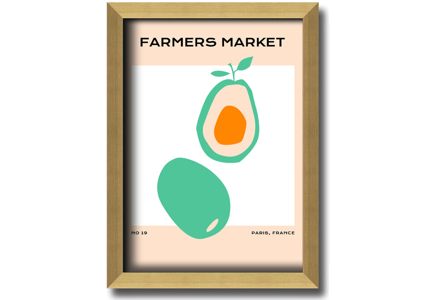 Framed print of avocados at a farmers market, showcasing vibrant colors and fresh produce, ready to hang.