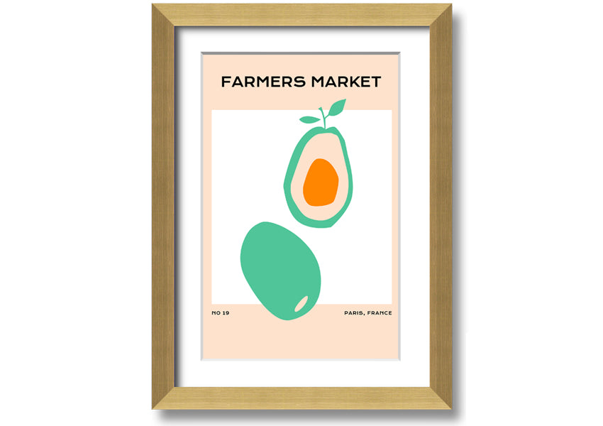 Framed print of avocados at a farmers market, showcasing vibrant colors and fresh produce, ready to hang.