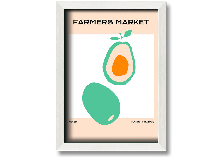 Framed print of avocados at a farmers market, showcasing vibrant colors and fresh produce, ready to hang.