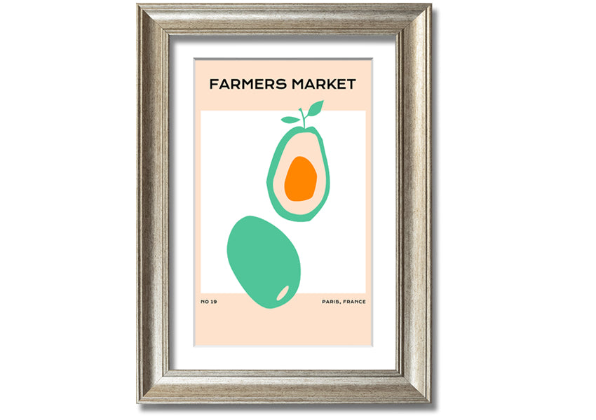 Framed print of avocados at a farmers market, showcasing vibrant colors and fresh produce, ready to hang.