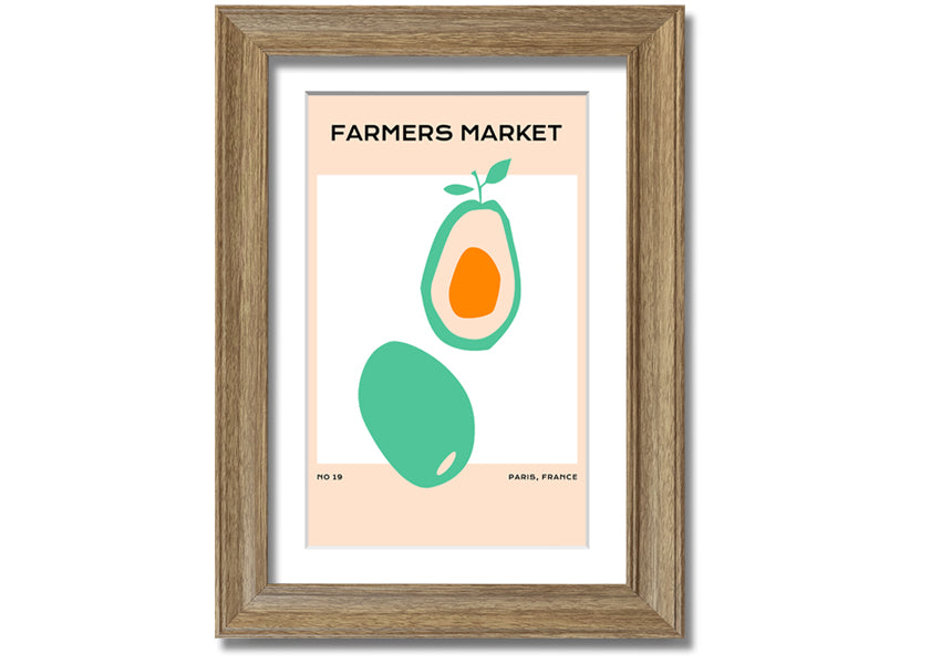 Framed print of avocados at a farmers market, showcasing vibrant colors and fresh produce, ready to hang.