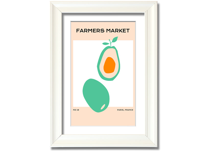 Framed print of avocados at a farmers market, showcasing vibrant colors and fresh produce, ready to hang.