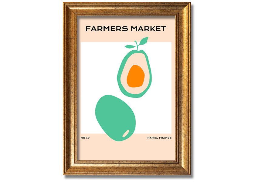 Framed print of avocados at a farmers market, showcasing vibrant colors and fresh produce, ready to hang.