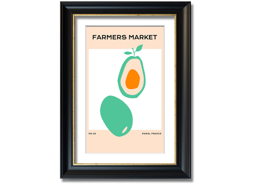Framed print of avocados at a farmers market, showcasing vibrant colors and fresh produce, ready to hang.