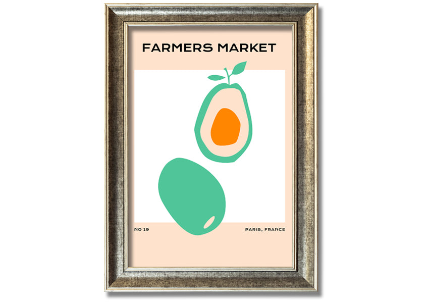 Framed print of avocados at a farmers market, showcasing vibrant colors and fresh produce, ready to hang.