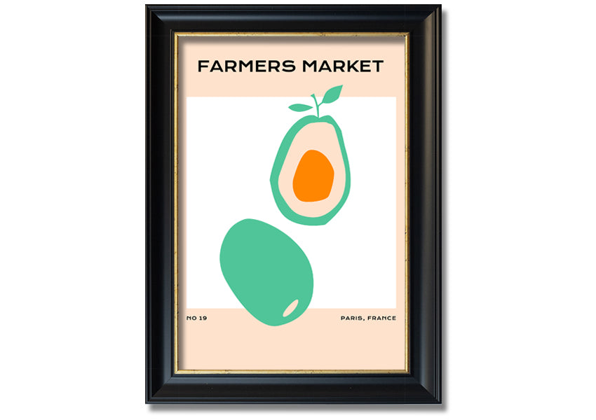 Framed print of avocados at a farmers market, showcasing vibrant colors and fresh produce, ready to hang.