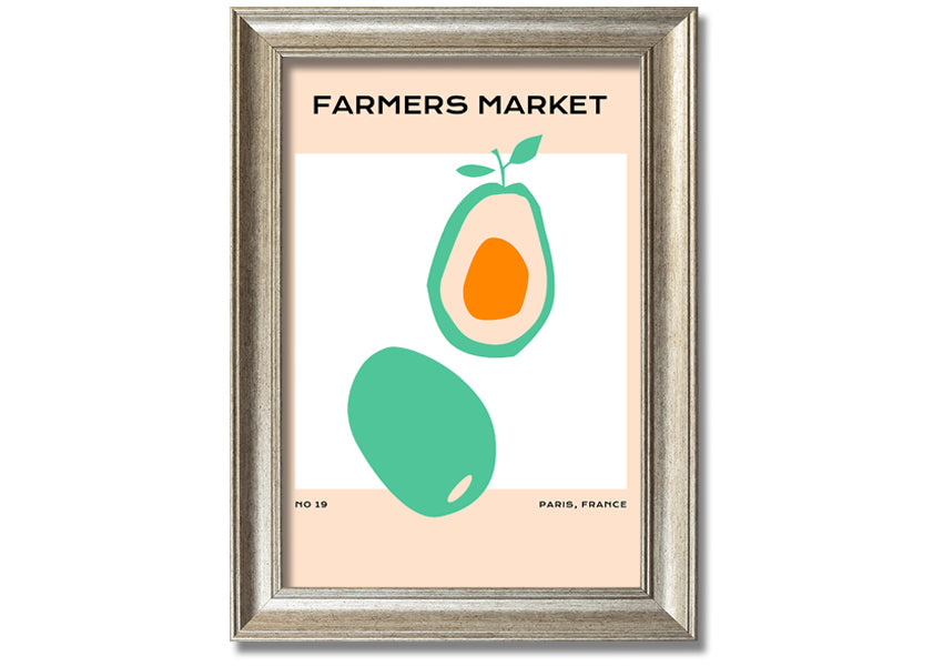 Framed print of avocados at a farmers market, showcasing vibrant colors and fresh produce, ready to hang.