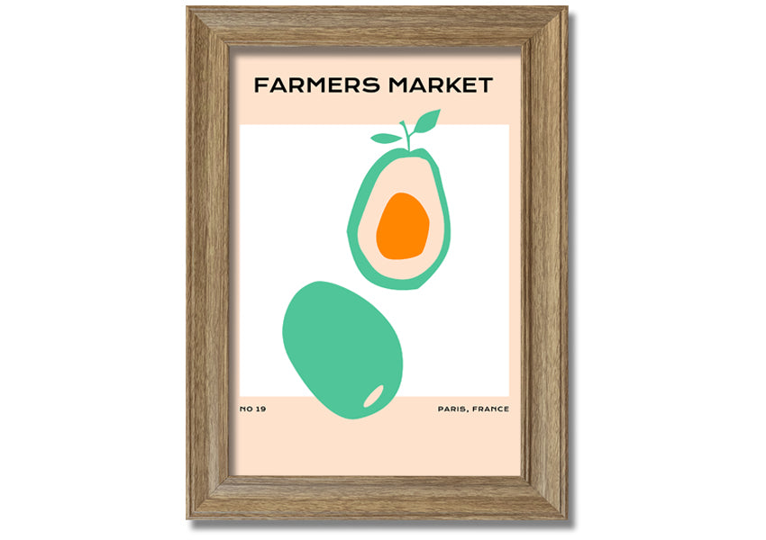 Framed print of avocados at a farmers market, showcasing vibrant colors and fresh produce, ready to hang.