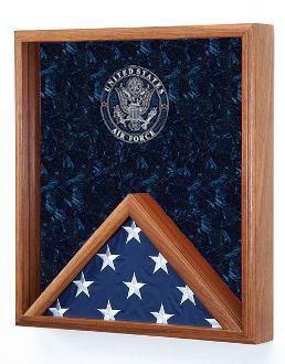 Elegant cherry wood award and flag display case with embossed emblem, featuring a glossy Plexiglas front and black velvet lining.