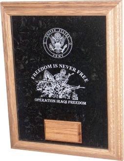 Deluxe Awards Display Case made of solid oak with laser engraved personalization options, showcasing medals and awards on crushed velvet.