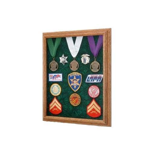 Deluxe Awards Display Case showcasing military medals and a photo, elegantly framed in solid wood with a glass front.